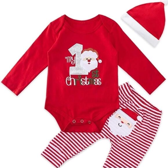NWOT Infant 0-6 Month My First Christmas 3-Piece Romper Pants Holiday Ha… - Picture 1 of 7